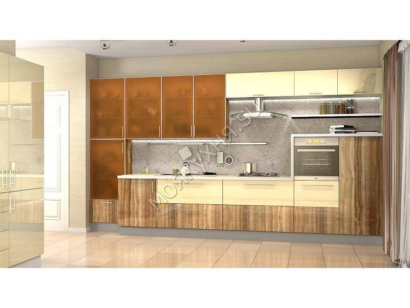 вместительная бежевая глянцевая кухня в Костроме