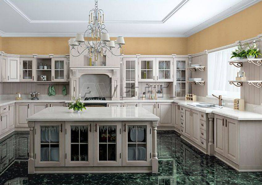 большая угловая кухня с островом темза в Костроме