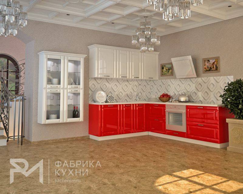 глянцевая угловая кухня белый-красный в Костроме