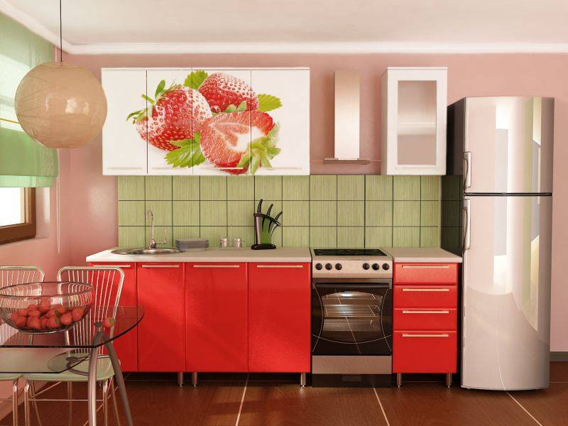 прямая кухня с фотопечатью клубника в Костроме